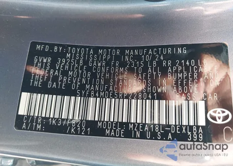 2024 Toyota Corolla Le z USA, uszkodzony, nr VIN 5YFB4MDE5RP228041